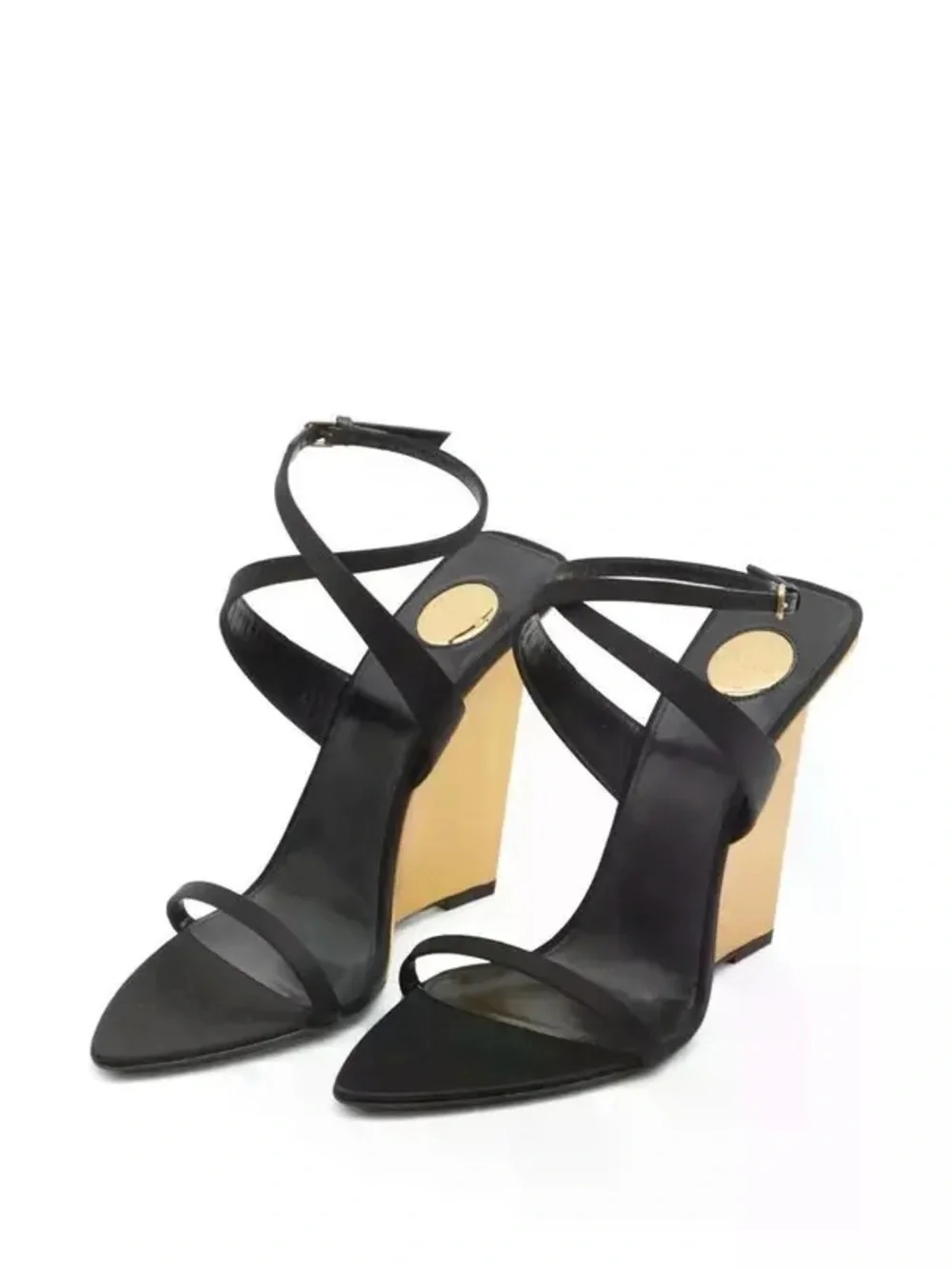 Yves Saint Laurent Black Strappy Wedge Sandals with Nude Wedge